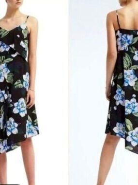 Banana Repulic Floral Spaghetti-Strap A-Line Dress in Black and Blue Petite 10